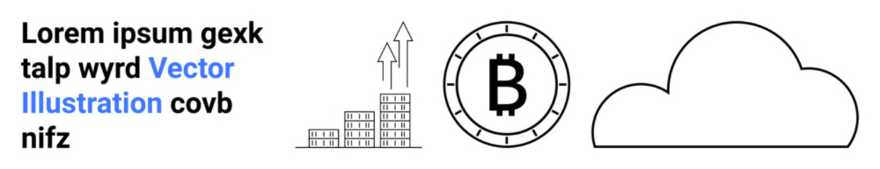 Text block, three upward arrows, buildings, Bitcoin symbol on coin, cloud outline. Ideal for cryptocurrency, blockchain technology, fintech, financial growth, cloud computing, digital innovation