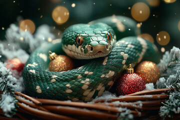 Fototapeta premium A green snake curled around a sleigh filled with New Year’s gifts and sparkles.