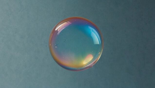 Floating Bubble: A single translucent soap bubble with a pastel iridescence, suspended against a pale blue background for a dreamy effect. Copy space.