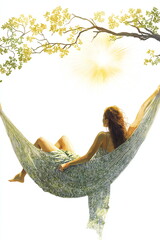 Fototapeta premium Serene young woman relaxing in a hammock under a tree, enjoying the sun's warmth. Peaceful summer vibes.
