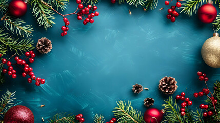 Christmas frame with fir branches and christmas baubles, red berry on blue background. Copy space.