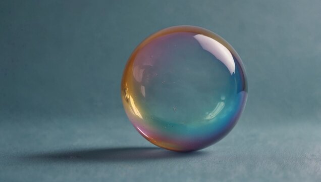 Floating Bubble: A single translucent soap bubble with a pastel iridescence, suspended against a pale blue background for a dreamy effect. Copy space.