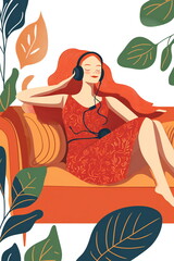 Relaxing redhead woman in a red dress listening to music on a comfy couch. Warm, autumnal vibes.