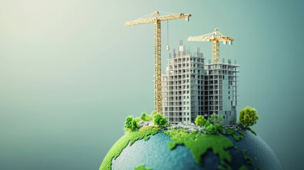 Global Investment thin line concept. Global business flat line vector illustration. Building under construction on the globe.
