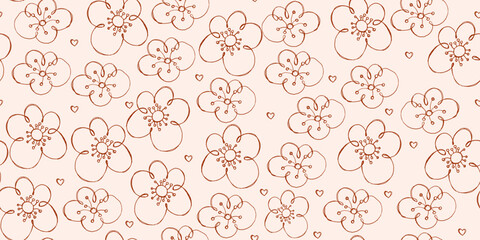 Cute Floral Seamless Pattern with Grunge Effect. Retro herbs drawn with pencil. Artistic sketch of plants and herbs 