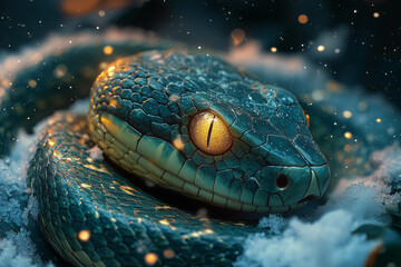 Fototapeta premium A green snake basking under the glow of a crescent moon, surrounded by swirling snowflakes.