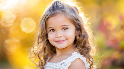 Fototapeta premium A child's face in close-up, a cheerful child looks straight and smiles against the background of the sunset