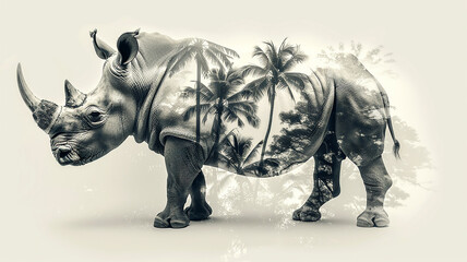 Fototapeta premium Rhinoceros in palm leaves, abstract black and white graphic background image of the animal