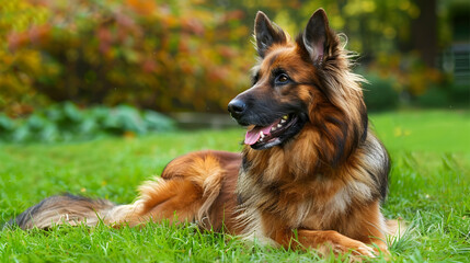 A Belgian shepherd dog is lying on a green lawn in a park, it's a sunny day.