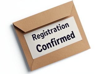A brown envelope containing a card that reads "Registration Confirmed," indicating successful enrollment or participation in an event.