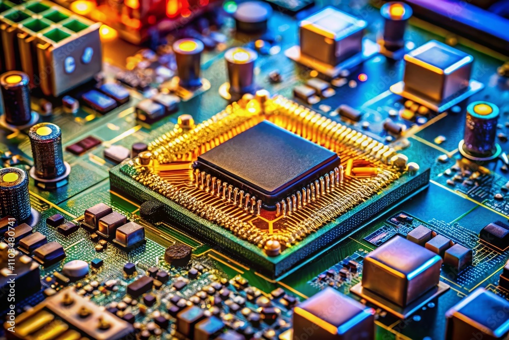 Poster closeup of a microcontroller on a motherboard circuit component, showcasing intricate details and co