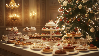 A festive Christmas dessert table with various treats, including cakes and pastries, arranged in front of an elegant tree decorated for the holiday season. (2)
