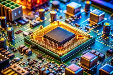 Obraz premium Closeup of a Microcontroller on a Motherboard Circuit Component, Showcasing Intricate Details and Connections for Technology and Electronics Enthusiasts