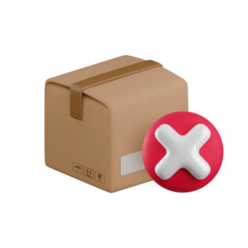 Vector cartoon 3d delivery error icon, 3d red X cross symbol and cardboard box. Wrong checkmark, failed parcel receipt concept, cancel order 3d Illustration for shipping infographic, web, app, design.