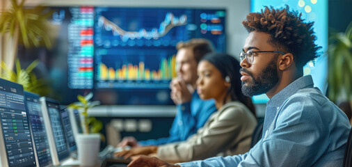 Students in an office setting, sitting at desks with computers displaying stock market charts and trading software on the screens. A man is standing behind them, providing training.