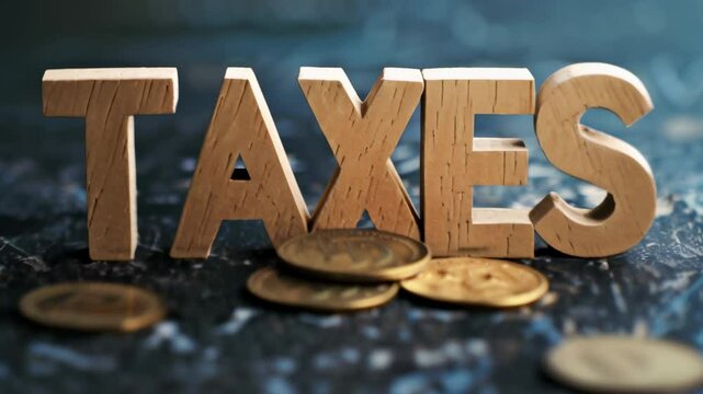 Wooden letters composing the word taxes standing on a dark blue surface with some gold coins underneath, representing the concept of tax payment and financial obligations