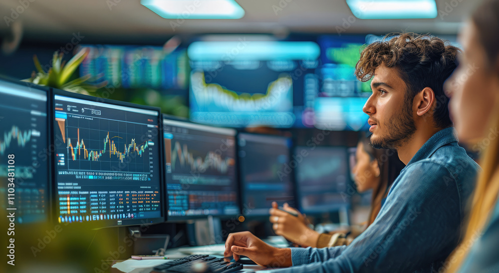 Fototapete students in an office setting, sitting at desks with computers displaying stock market charts and tr