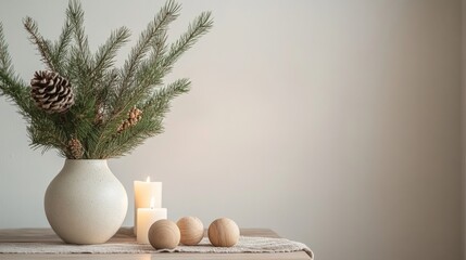 A minimalist side view of a Scandinavian Christmas setup featuring pine branches in a simple ceramic vase, natural wooden ornaments, and soft candlelight on a neutral table.