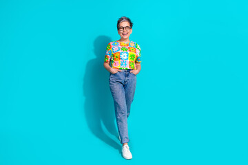 Full length portrait of pretty aged lady good mood empty space isolated on turquoise color background