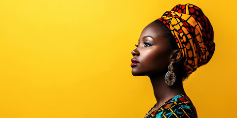 Vibrant profile portrait in traditional african attire on bold yellow background