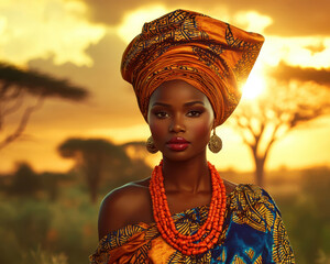 Elegant traditional african costume at sunset in savanna scenery for cultural heritage display