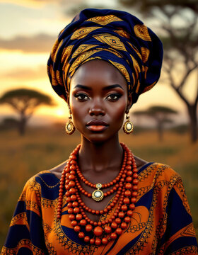 Elegant traditional african costume with vibrant patterns in a sunset landscape