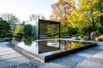 Fototapeta premium Tranquil zen garden morning reflections in a modern steel and mirror landscape