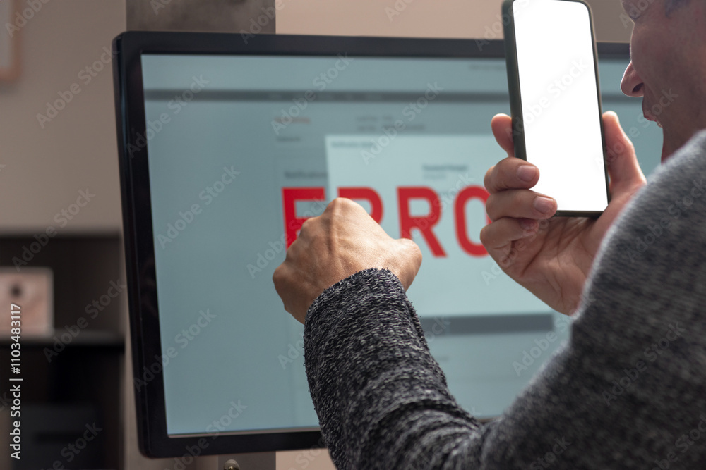 Poster shocked concerned man finding financial payment error and calling to customer support. close-up of a