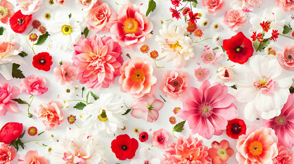 Fototapeta premium Floral pattern on white background. Flat lay, top view. Pattern from different bright garden flowers.