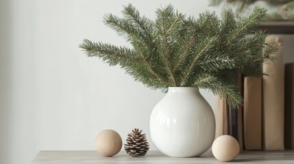 A simple Scandinavian Christmas display with pine branches in a sleek white vase, natural wooden ornaments, and a subtle touch of festive warmth.