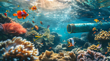 Marine life and plastic tubes. Art concept. Symbol plastic trash in the sea.