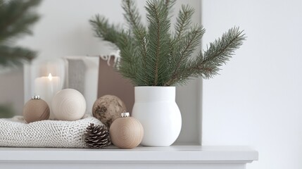A simple Scandinavian Christmas display with pine branches in a sleek white vase, natural wooden ornaments, and a subtle touch of festive warmth.