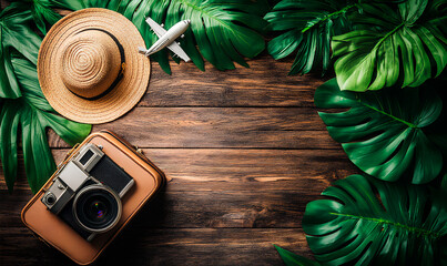 A vintage camera, suitcase, straw hat, and airplane toy are set among tropical leaves, travel accessories