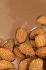 Almond nuts in melted milk chocolate macro