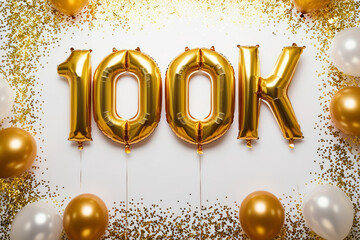 100k followers celebration. Social media achievement poster. 100k followers from golden balloons. Golden confetti. Gratitude text on white background. AI generated