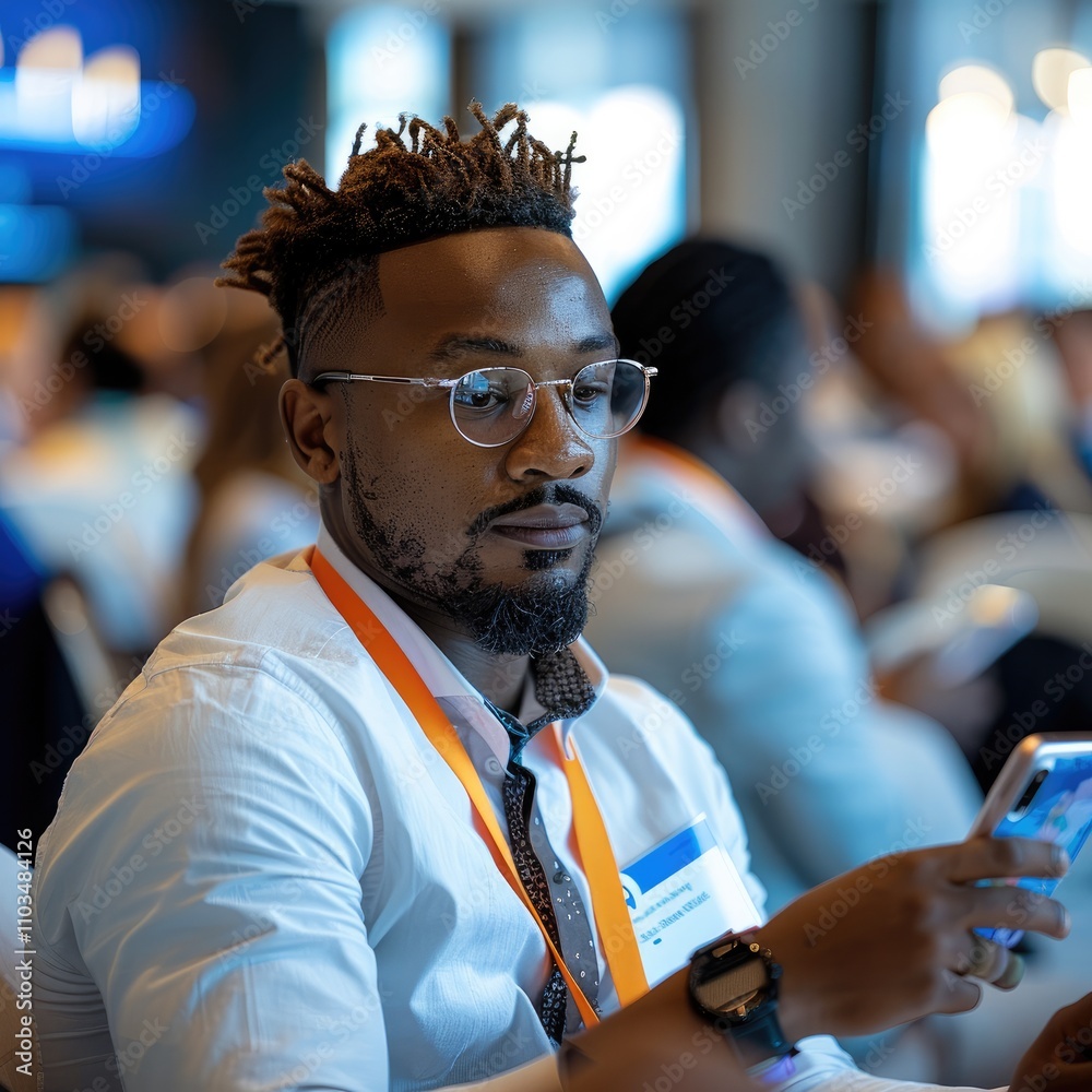 Poster ethnically diverse professional participants at a conference networking and typing social media mess