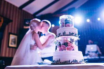 Bride and groom kissing near luxury wedding cake. Sweet and delicious dessert for wedding party.