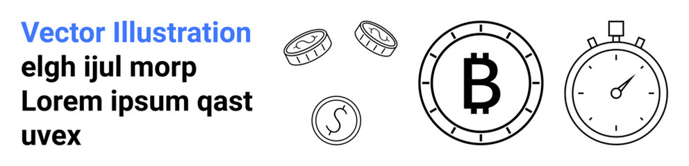 Bitcoin symbol, cryptocurrency coins, dollar icon, and stopwatch. Ideal for crypto, finance, digital currency, investment, blockchain, timer and financial technology Landing page