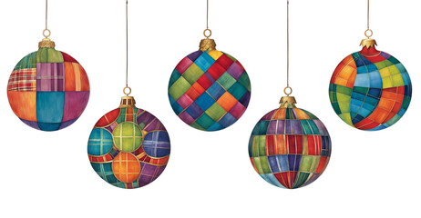 Five cut paper illustrations of plaid-inspired baubles  in bold colours