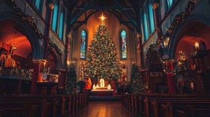 Obraz premium Vibrant Christmas Tree in Festive Church Hall