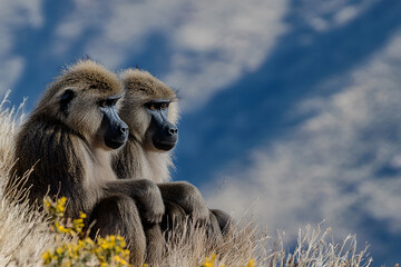 Two monkeys are sitting in the mountains