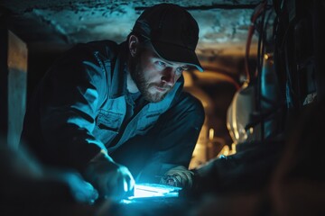 Fototapeta premium Focused Inspection in Dim Crawl Space with Traps