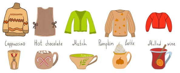 Clothing and drink combinations. Different hot drinks and jackets. Drinks in mugs match the color of clothes