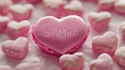 A pink pastel candy heart with "Be Mine" written on it.