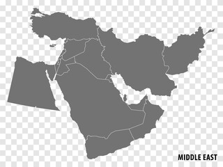 Middle East Map vector. Gray similar map of Middle East blank vector on transparent background.  Gray similar map with borders of all countries.  Eps 10