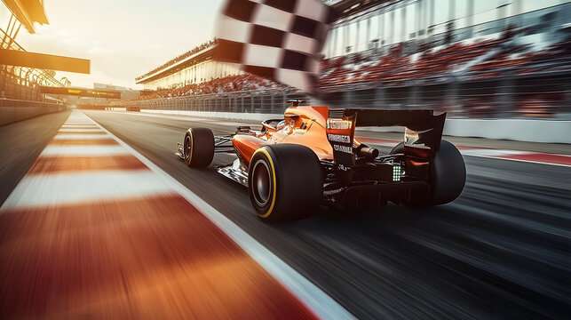 Formula One car crossing the finish line with a checkered flag, motion blur