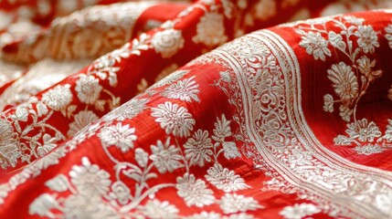 A red silk fabric with intricate embroidery.