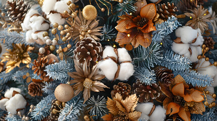 Obraz premium Beautiful decorated Christmas tree with dry flowers, pine cones and cotton. Boho design. Close-up.
