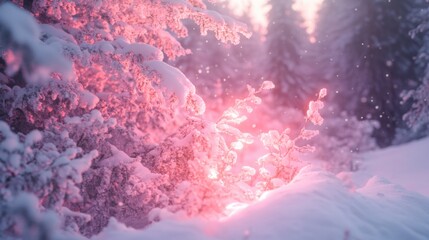 A soft pink glow illuminating a snow-laden forest during the early morning hours.