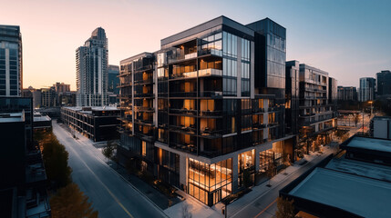 Modern urban landscape at dusk with high-rise buildings and illuminated glass windows along a quiet street in a city environment.